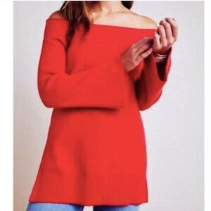 Anthropologie Women's Medium Red Elise Ribbed Tunic Off The Shoulder Sweater